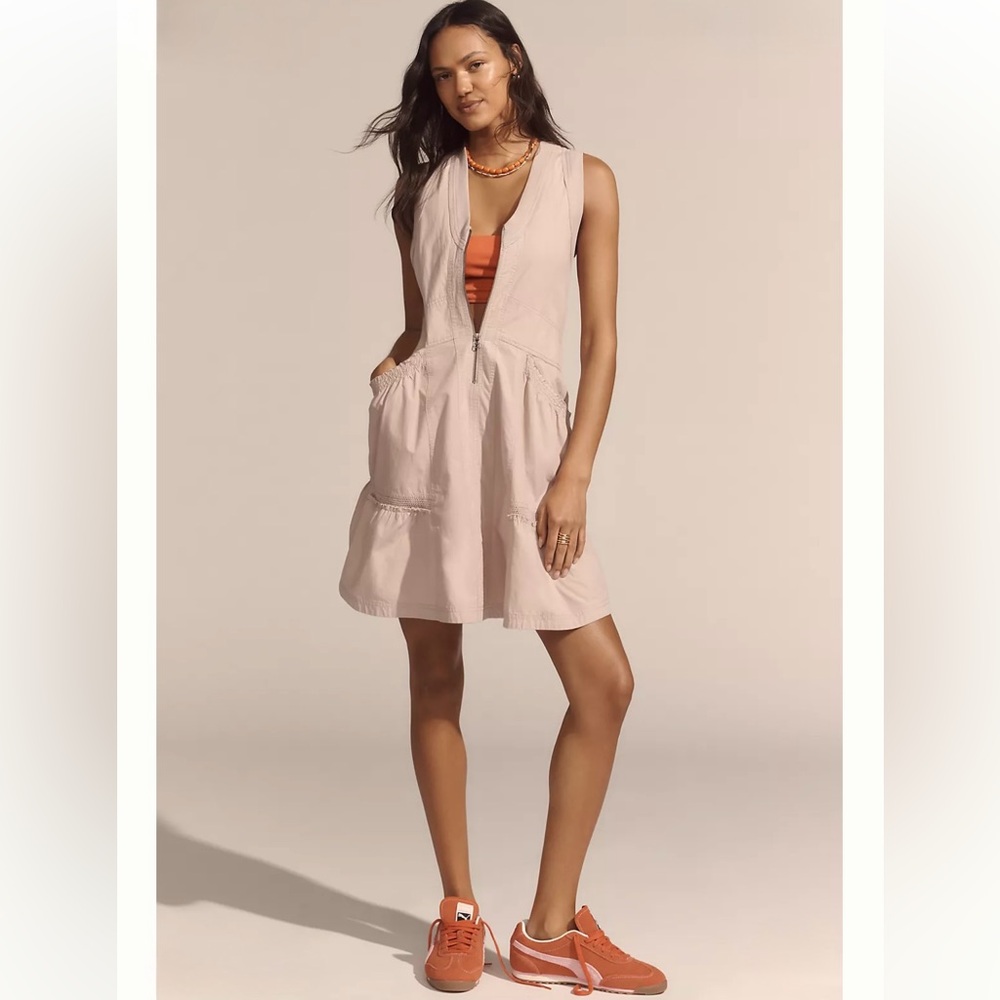 Anthropologie Sleeveless Zip Front Mini Dress in Light Pink with Rust Accents